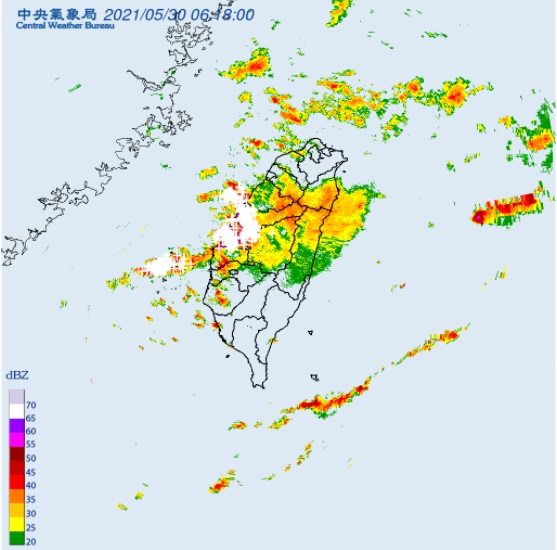 氣象局針對台中市、彰化縣、雲林縣發布大雷雨即時訊息，時間為今天上午6:30至2021-05-30 07:30。 圖/氣象局