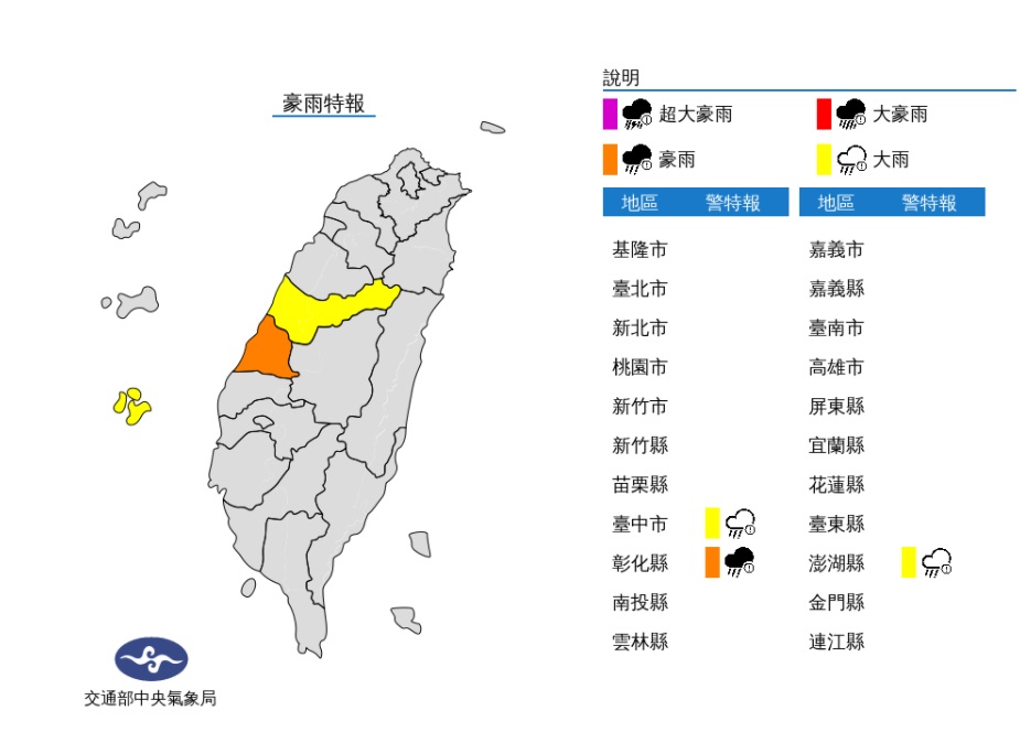 中央氣象局在上午6時45分針對彰化發布豪雨特報，台中市及澎湖縣發布大雨特報。 圖/氣象局