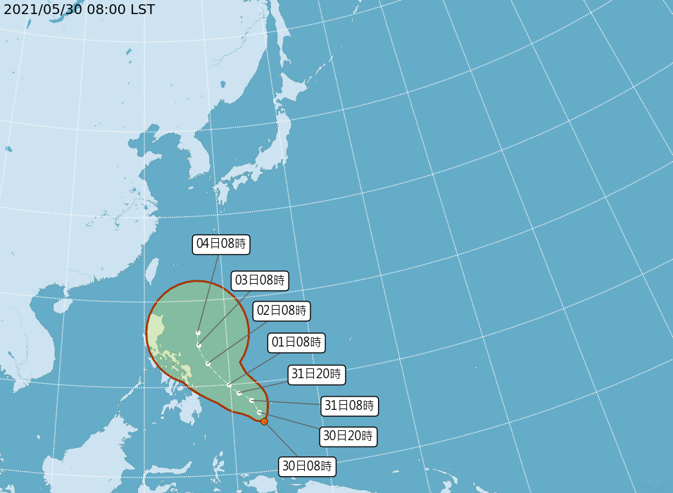 目前熱帶性低氣壓的中心位置在北緯5.5度，東經133.5度，以每小時11公里速度，向北北西進行。 圖：中央氣象局提供