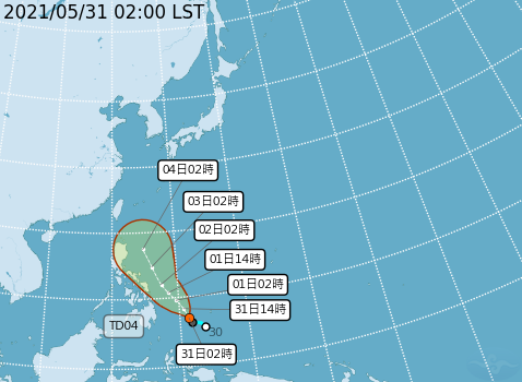 位於帛琉西南方的熱帶性低氣壓，今天凌晨2時位置在恆春半島東南方海面約1950公里處，有發展為颱風「彩雲」的可能。 圖：中央氣象局/提供