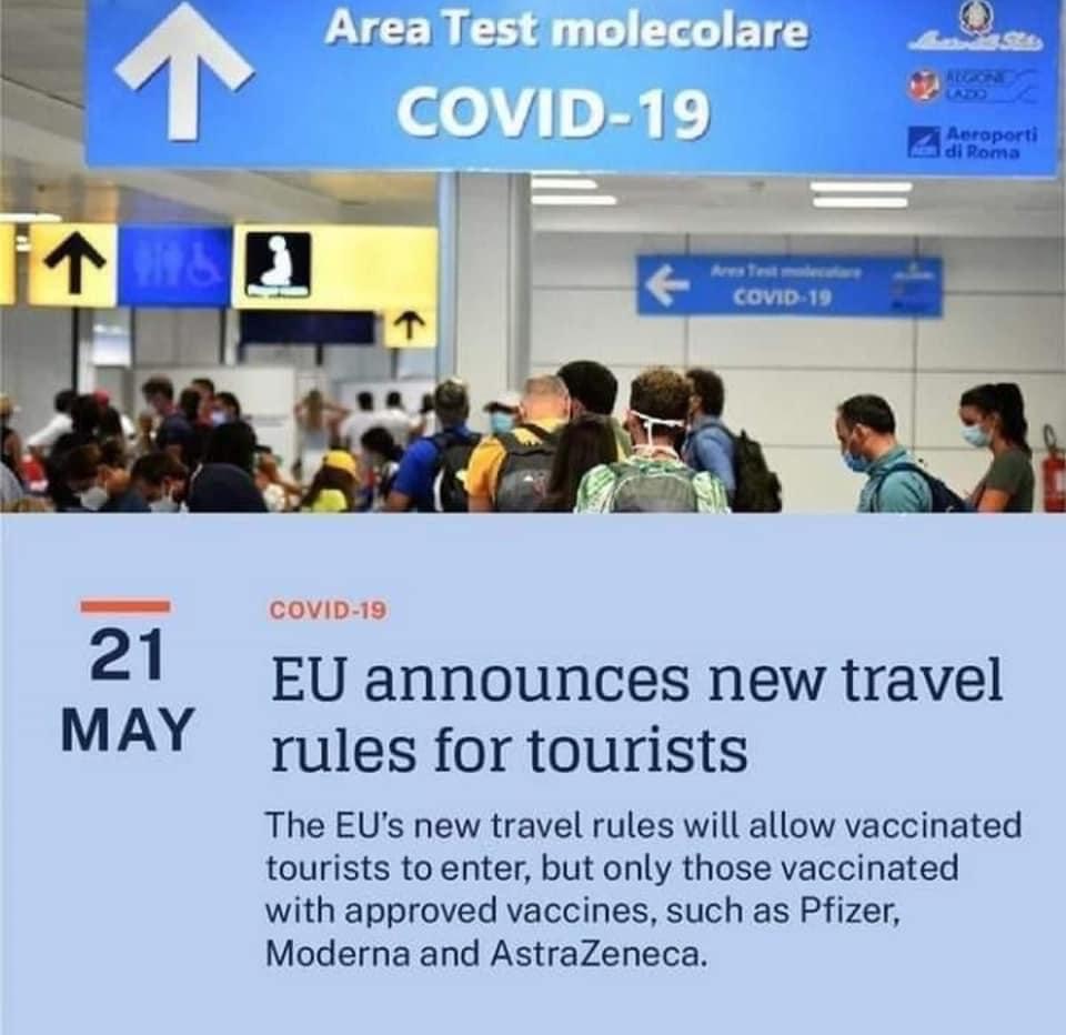 完整接種AZ、、莫德納、輝瑞疫苗的旅客將可在歐盟進出。 圖：翻攝自推特