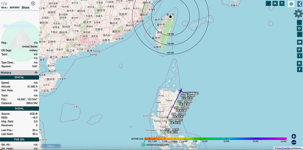 美軍P-8A反潛機自菲律賓起飛經巴士海峽進入菲律賓海。 圖：翻攝CCD DSLR推特