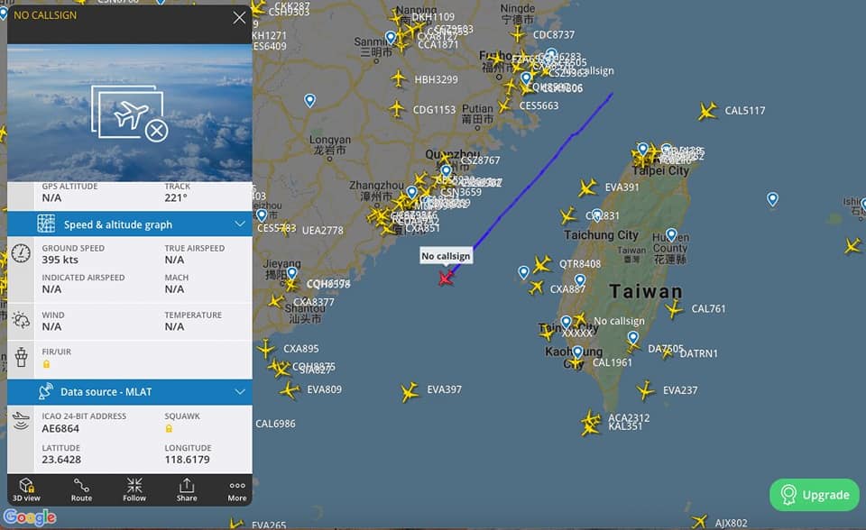 美軍P-8A反潛機2日直接在台灣海峽中間航行，路徑完全就是「畫海峽中線」。 圖：翻攝Ketagalan推特
