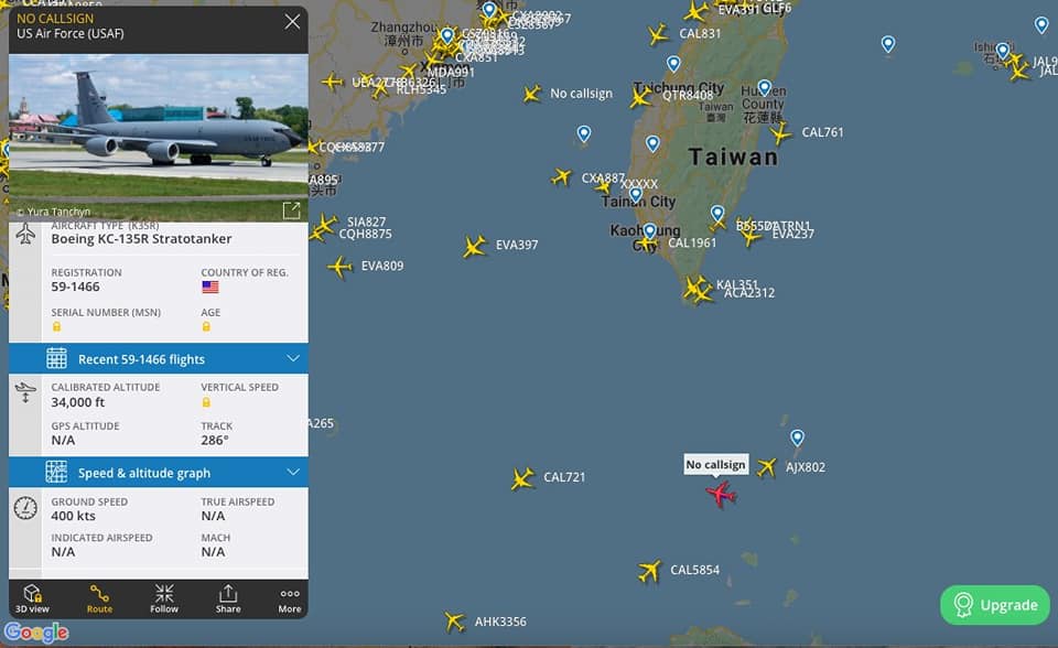 美軍KC-135R空中加油機出現在巴士海峽。 圖：翻攝Ketagalan推特