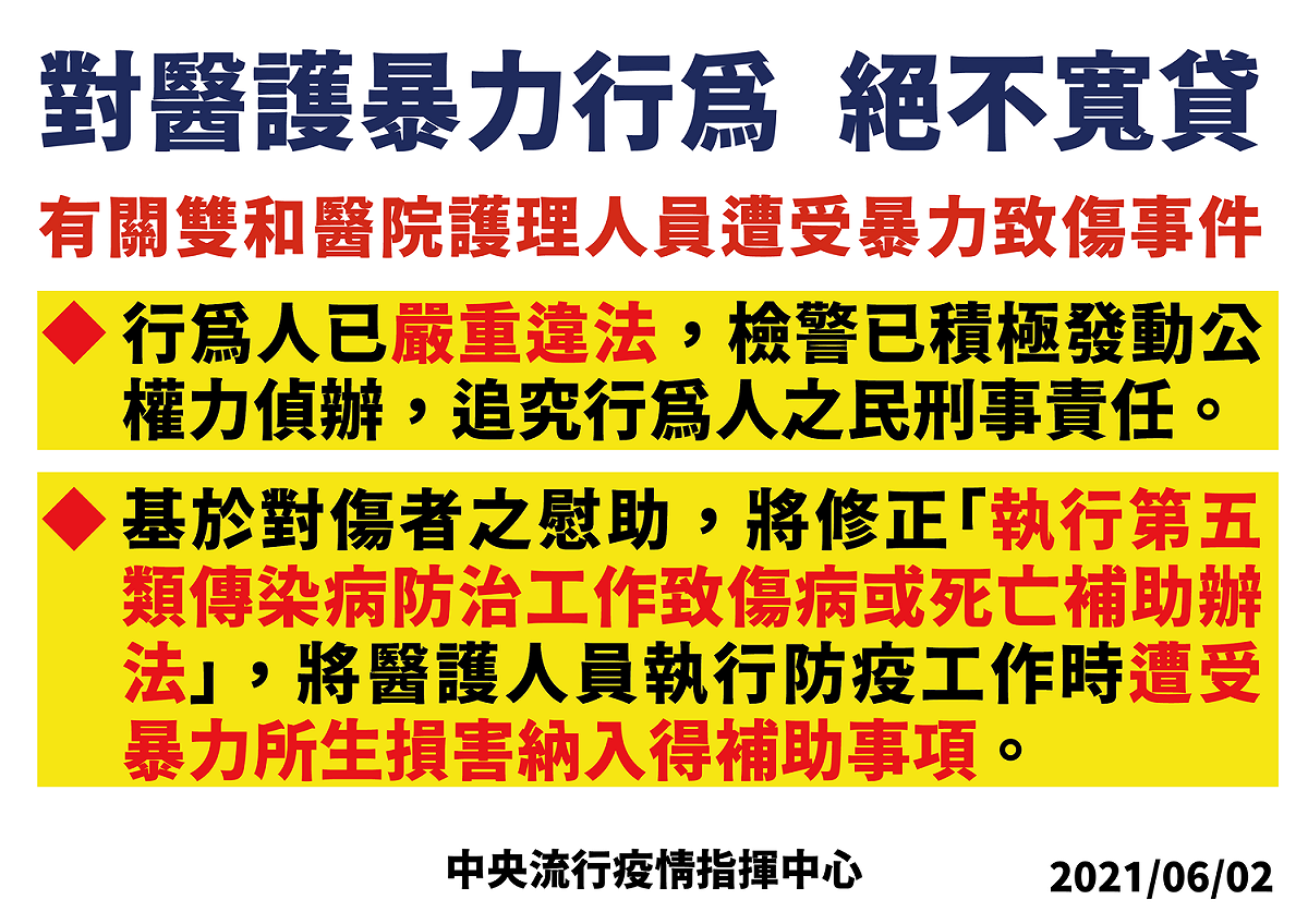 近期醫療暴力事件頻傳，指揮中心表示，絕不寬貸施暴者。 圖：中央流行疫情指揮中心／提供