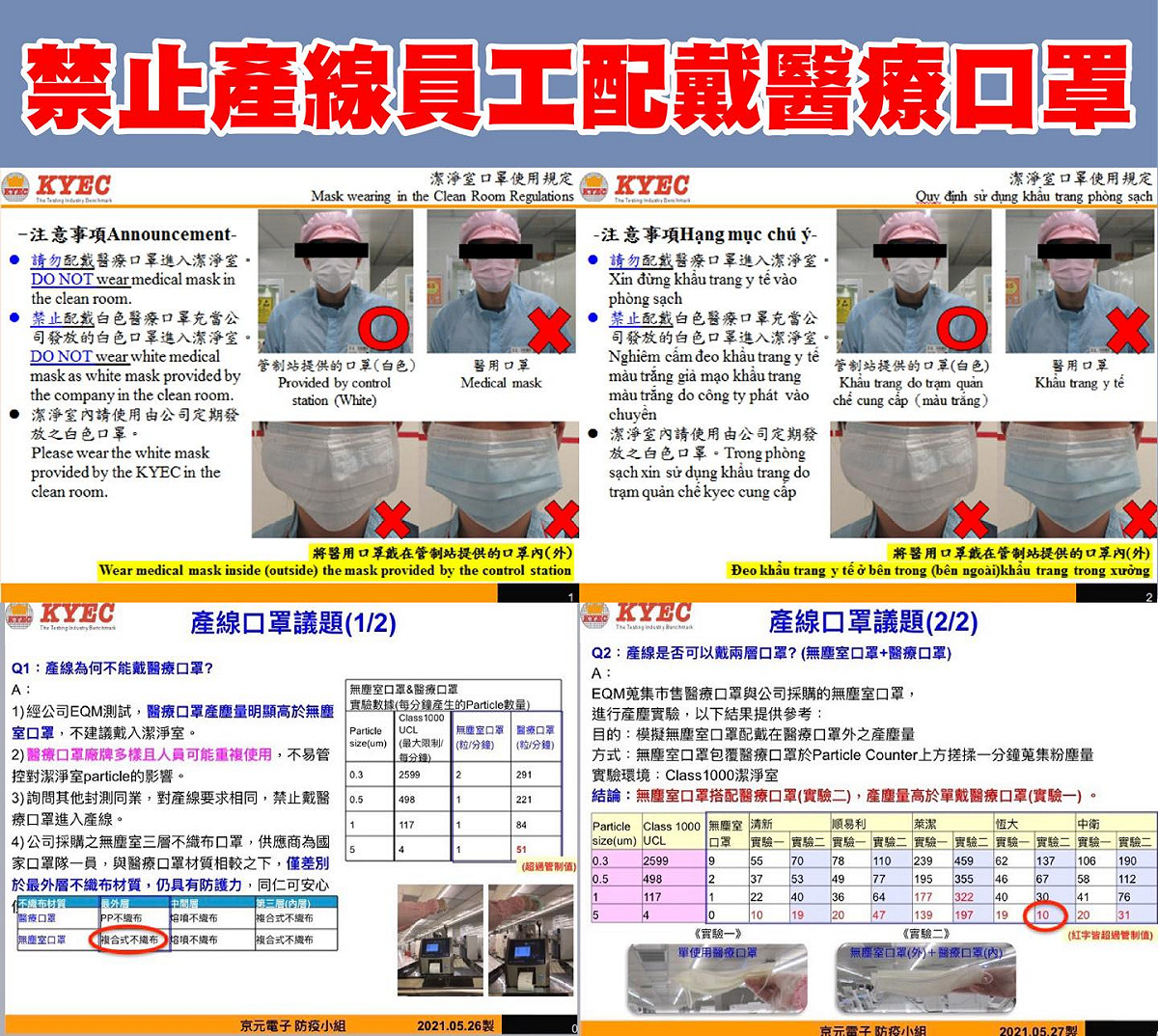 苗栗縣議員曾玟學爆料，接獲京元電子員工陳情，公司禁止他們戴醫療口罩進無塵室。 圖：翻攝曾玟學臉書