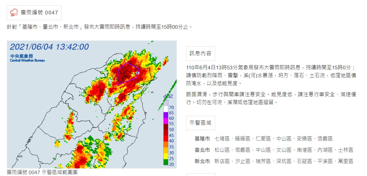 氣象局發布大雷雨即時訊息。 圖：中央氣象局/提供