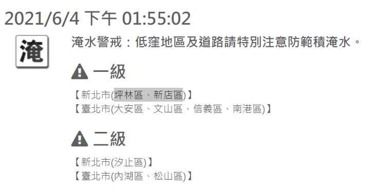 水利署對雙北市6行政區發布第一級淹水警戒 圖：擷取自水利署官網