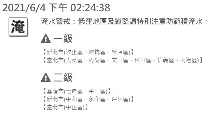 水利署擴大發布淹水警戒。 圖：翻攝自水利署官網