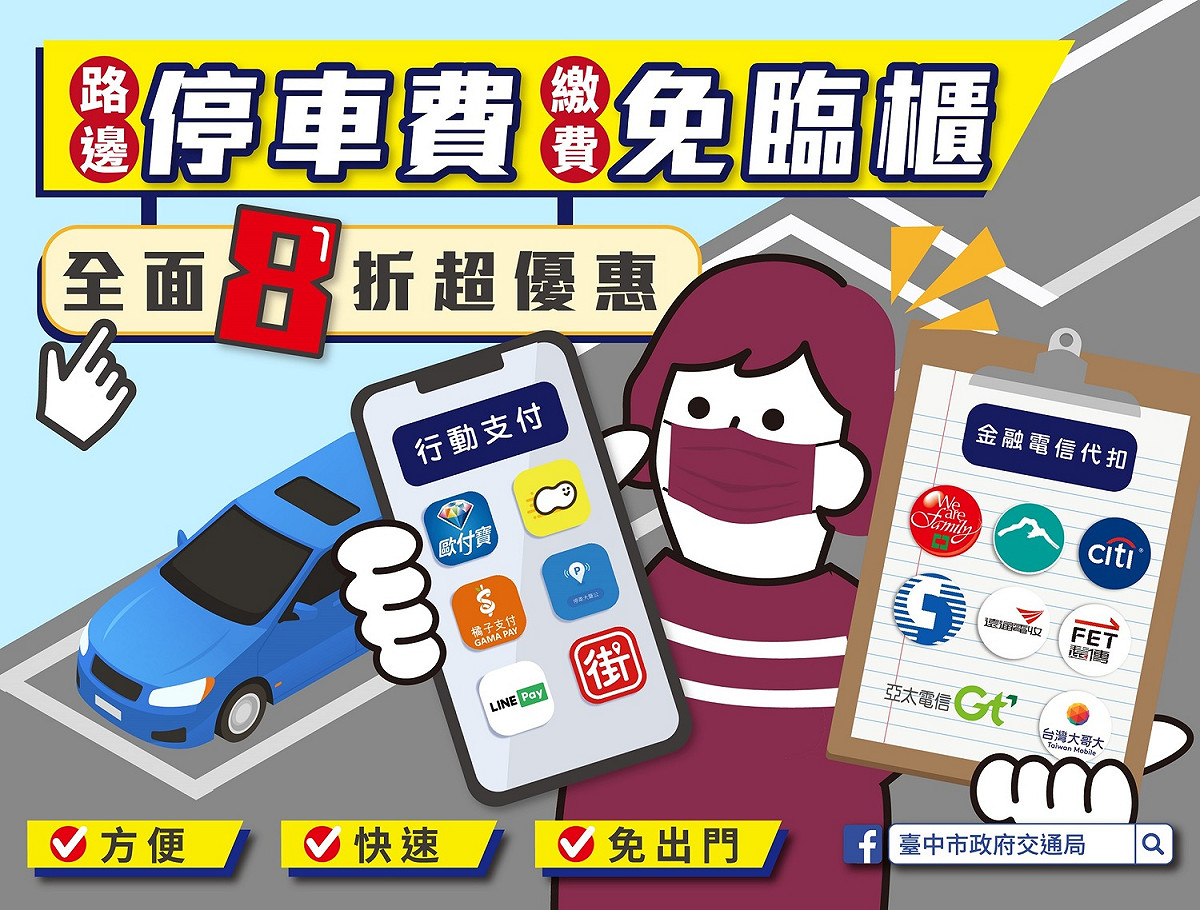 台中市政府推出停車費8折優惠。  台中市政府/提供