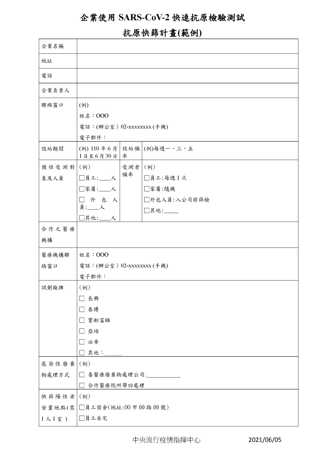 企業使用快速抗原檢驗計畫範例。 圖：中央流行疫情指揮中心／提供