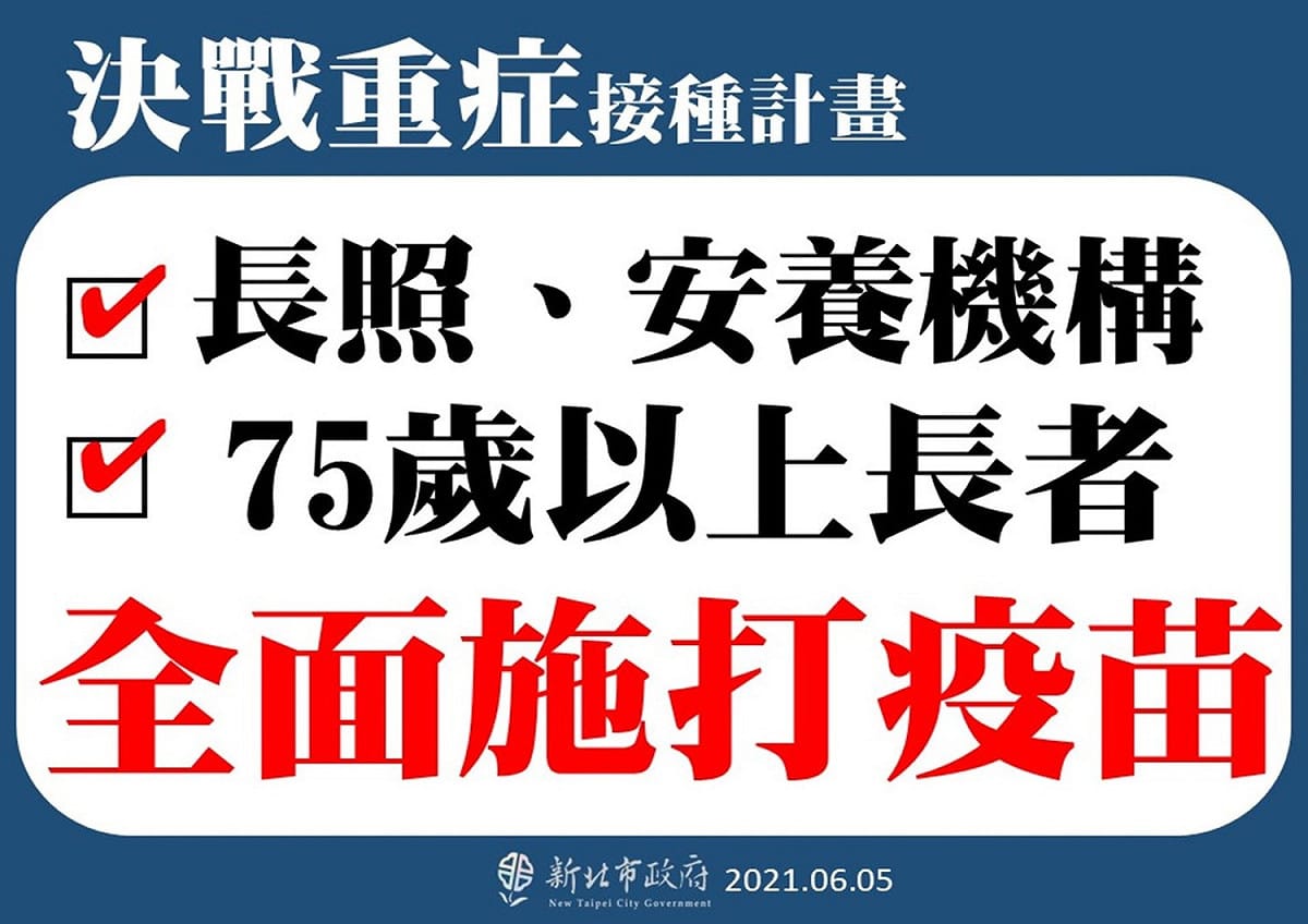 侯友宜推「決戰重症接種計畫」，希望將長照安養機構和75歲以上的長者，列為第三類優先施打對象。 圖：新北市政府／提供