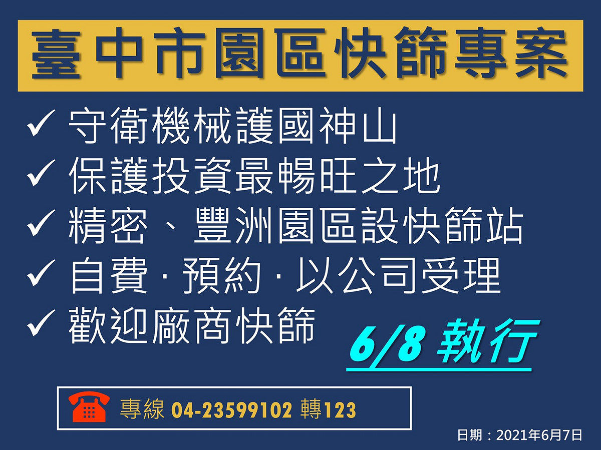 台中市政府針對所轄的「台中市精密機械科技創新園區」及「豐洲科技工業園區」設置快篩站。 台中市政府/提供