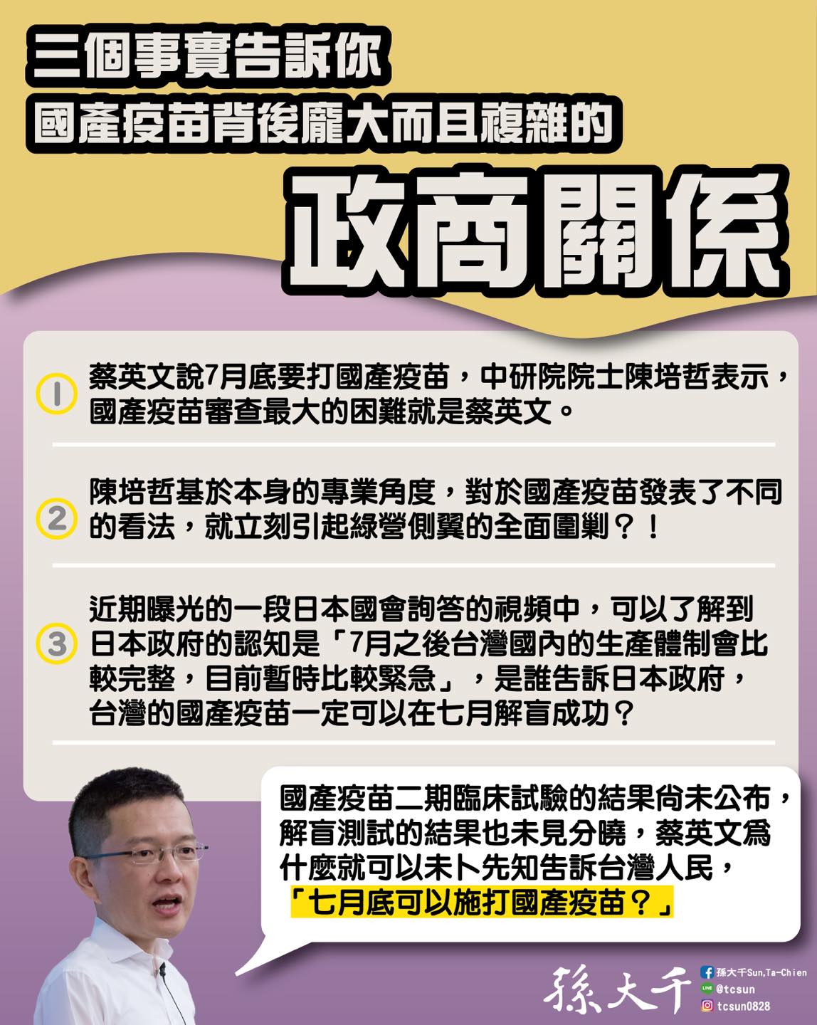 孫大千質疑國產疫苗二期都尚未解盲，為何蔡英文會說七月底就可以施打，「難不成這齣國產疫苗大戲的劇本早就已經寫好了？」 圖：翻攝自孫大千臉書