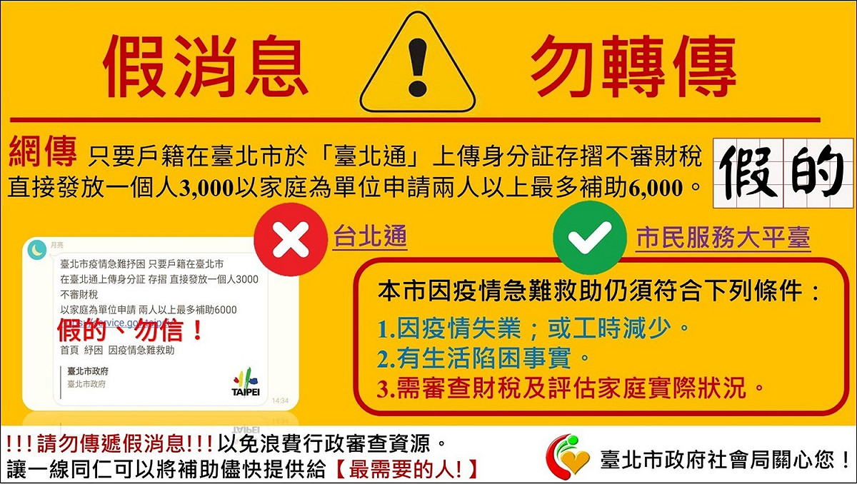 網傳在台北通上傳身分證、存摺等資料就可領3000元補助，台北市政府澄清為假消息。 圖：台北市政府／提供
