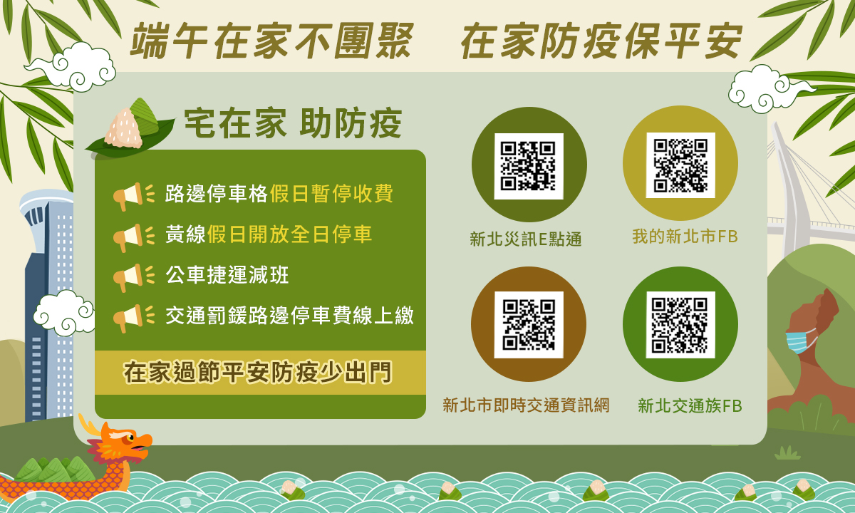 防疫及交通相關資訊可透過懶人包上的QR CODE連結進入「新北災訊E點通」、「我的新北市FB」、「新北即時交通資訊網」 、「新北交通族FB」查詢 圖：新北市政府交通局提供