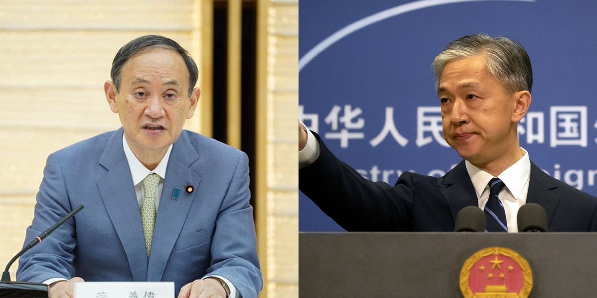 日本首相菅義偉 (左)、中國外交部發言人汪文斌。 圖：取自菅義偉臉書/文華網 新頭殼合成