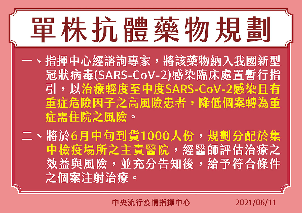 單株抗體藥物已納入武漢肺炎的臨床處置暫行指引。 圖：中央流行疫情指揮中心/提供