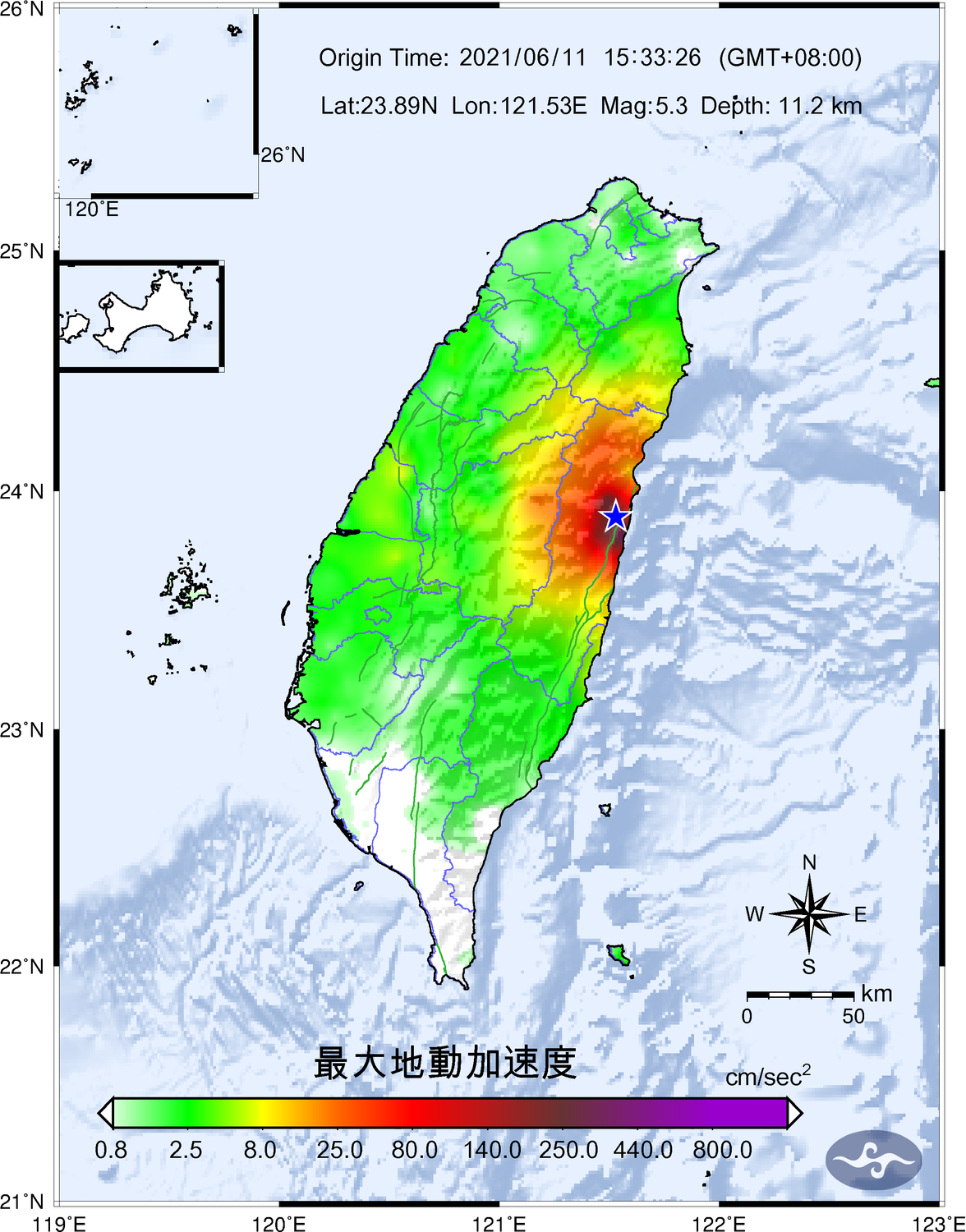 花蓮下午15點33分起連續發生3起地震(圖為15:33地震最大地動加速度圖)。 圖：中央氣象局／提供