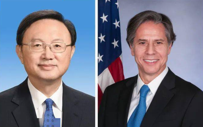 中共中央政治局委員、中央外事工作委員會辦公室主任楊潔篪(左)與美國國務卿布林肯(右)今舉行電話會議。 圖：翻攝人民日報臉書