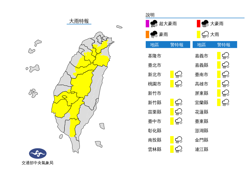 午後對流旺盛，全台13縣市發布大雨特報。 圖：翻攝自中央氣象局