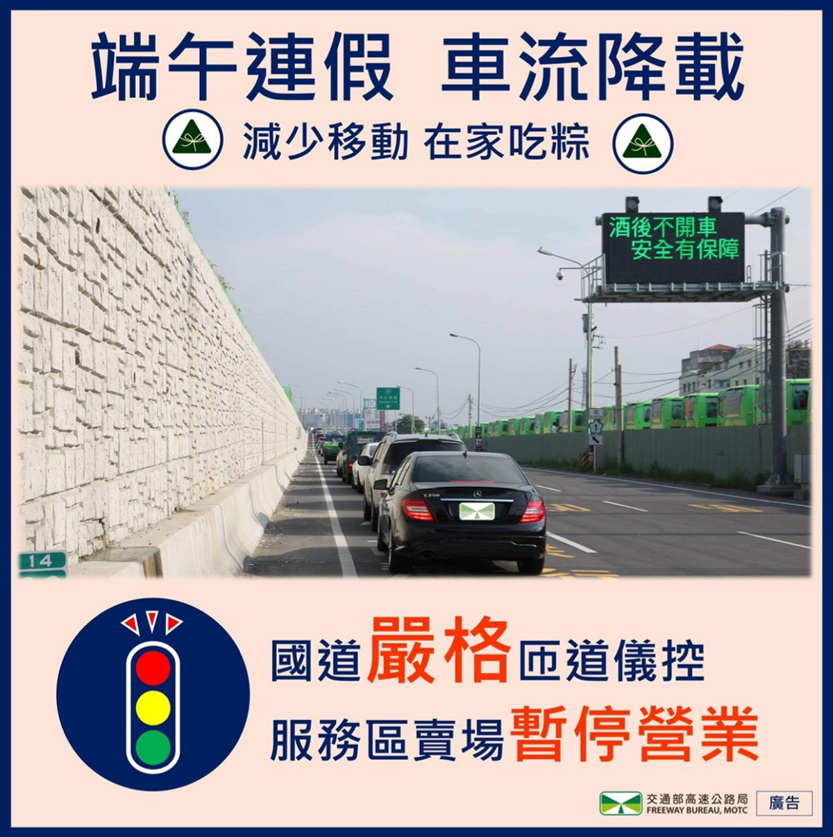 高速公路局繪製圖卡，提醒民眾「防疫管制、國道降載、避免返鄉」。 圖：交通部提供
