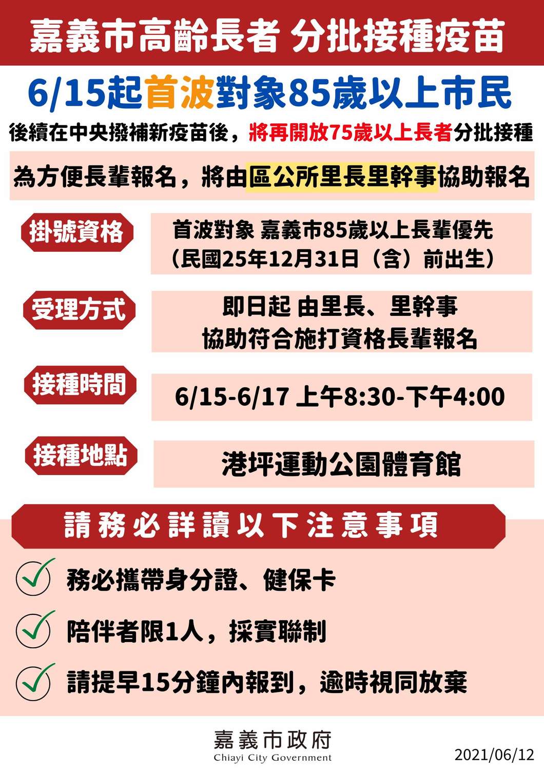 嘉義市政府表示，本月15日起由85歲以上長者優先施打AZ疫苗。 圖：嘉義市政府/提供