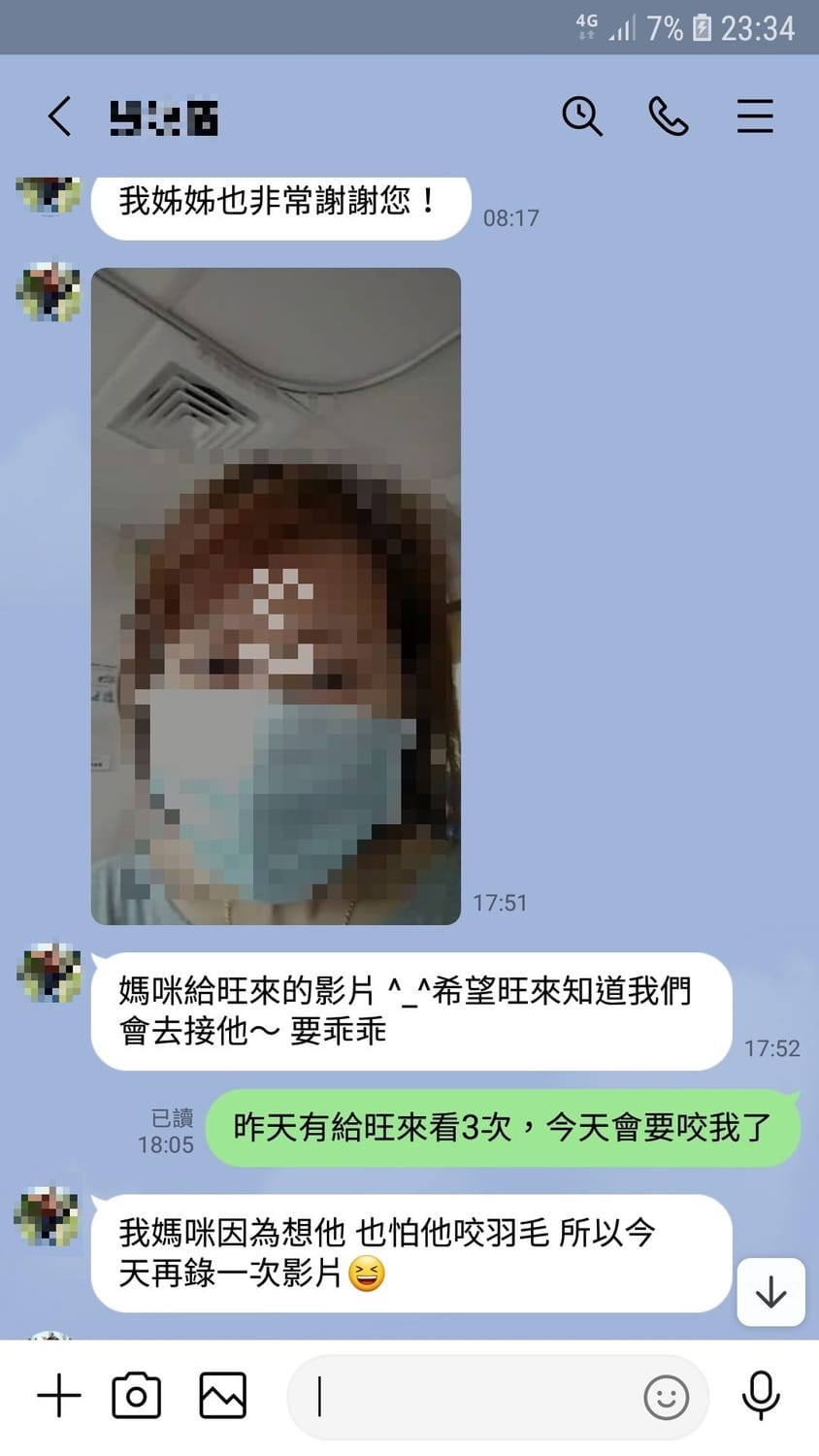 灰鸚鵡「旺來」的媽媽，特別錄製影片鼓勵旺旺來要多吃一點，媽媽身體一旦康復，很快就會來接他回家。 圖：新北市動保處提供