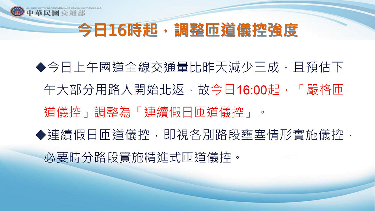 今日16時起，調整匝道儀控強度。 圖：交通部／提供