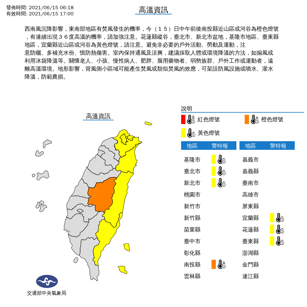 今天包括南投縣、基隆市、雙北與宜蘭、花蓮、台東等7縣市發布高溫特報，民眾最好減少非必要的戶外活動。 圖：中央氣象局/提供