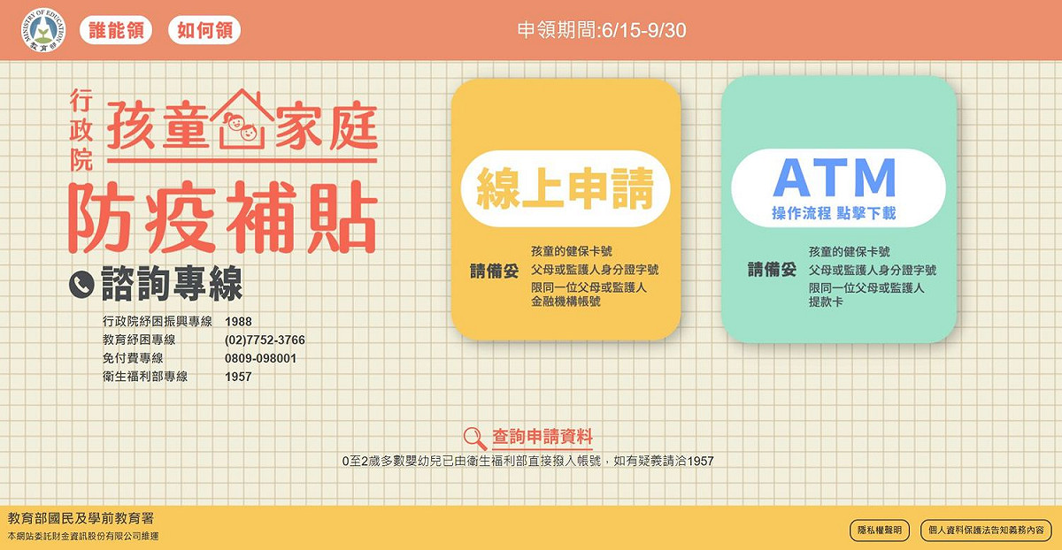 孩童家庭防疫補貼開放線上申請。 圖：翻攝自孩童家庭防疫補貼網