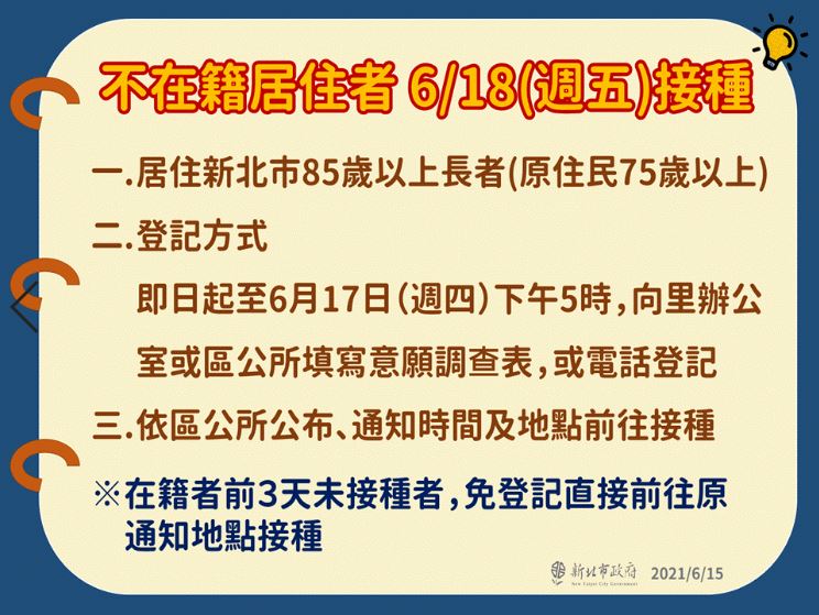 居住在新北市85歲以上長者(原住民75歲以上)，即日起至6月17日下午5時，可向里辦公室或區公所填寫意願調查表或電話登記。 圖：新北市政府/提供