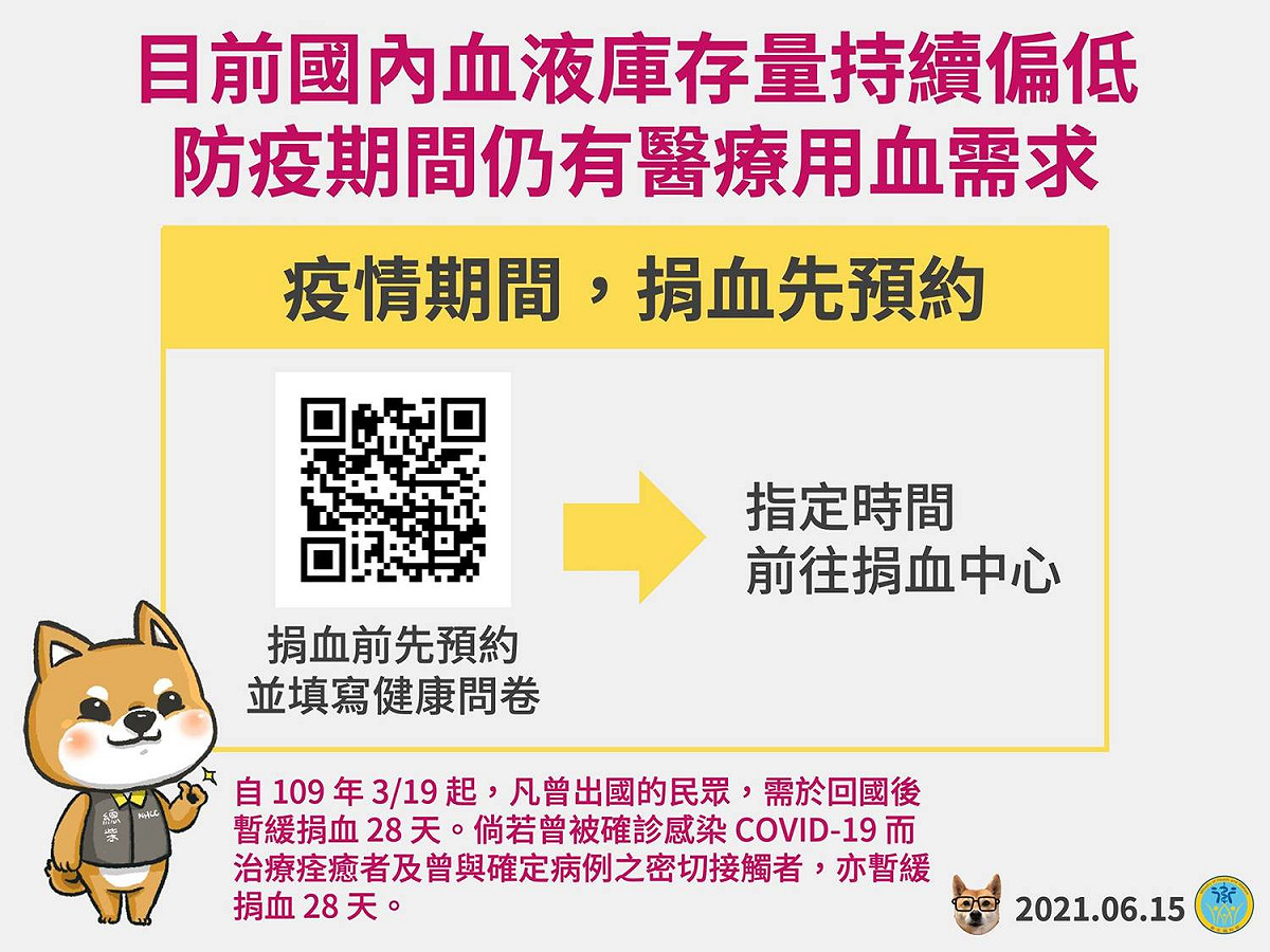 衛福部呼籲大家挽袖捐血，但記得要先預約，分流避免群聚。 圖：翻攝自衛福部臉書