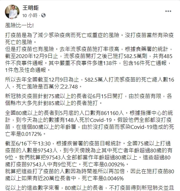 台大醫院癌醫中心分院副院長王明鉅在臉書分析接種疫苗與不接種的死亡率。 圖：翻攝自王明鉅臉書