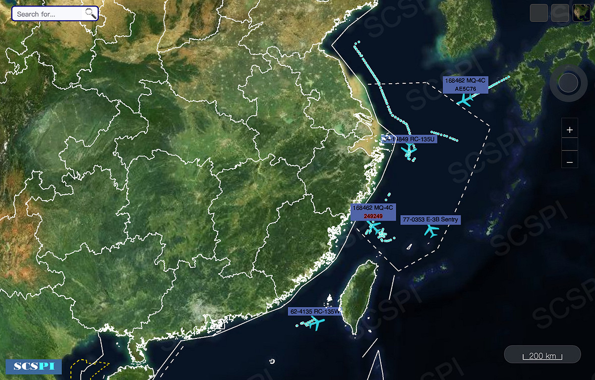 美軍16日出動E-3B空中預警機、RC-135U、RC-135W電子偵察機和MQ-4C海神無人機，密集對東海海域進行偵察。 圖：翻攝SCS Probing Initiative推特