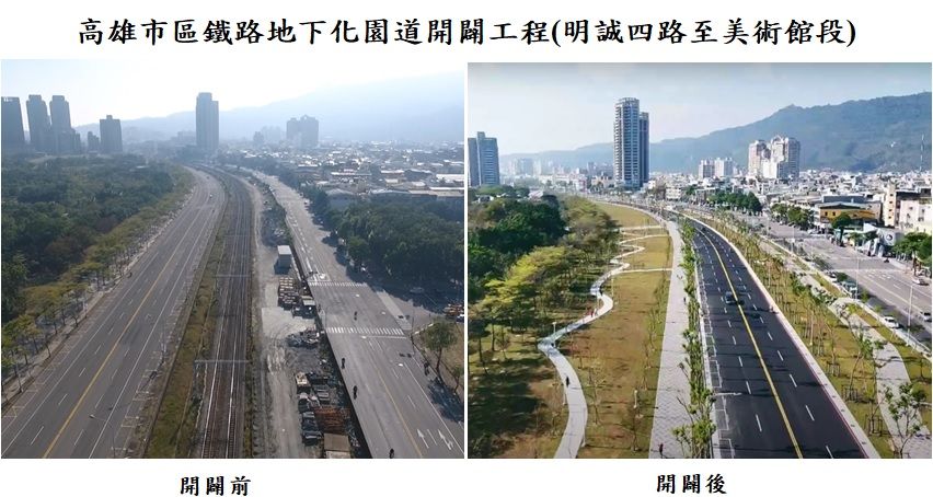 高雄市區鐵路地下化園道開闢工程(明誠四路至美術館段)完成前、後圖對比。 圖：內政部提供