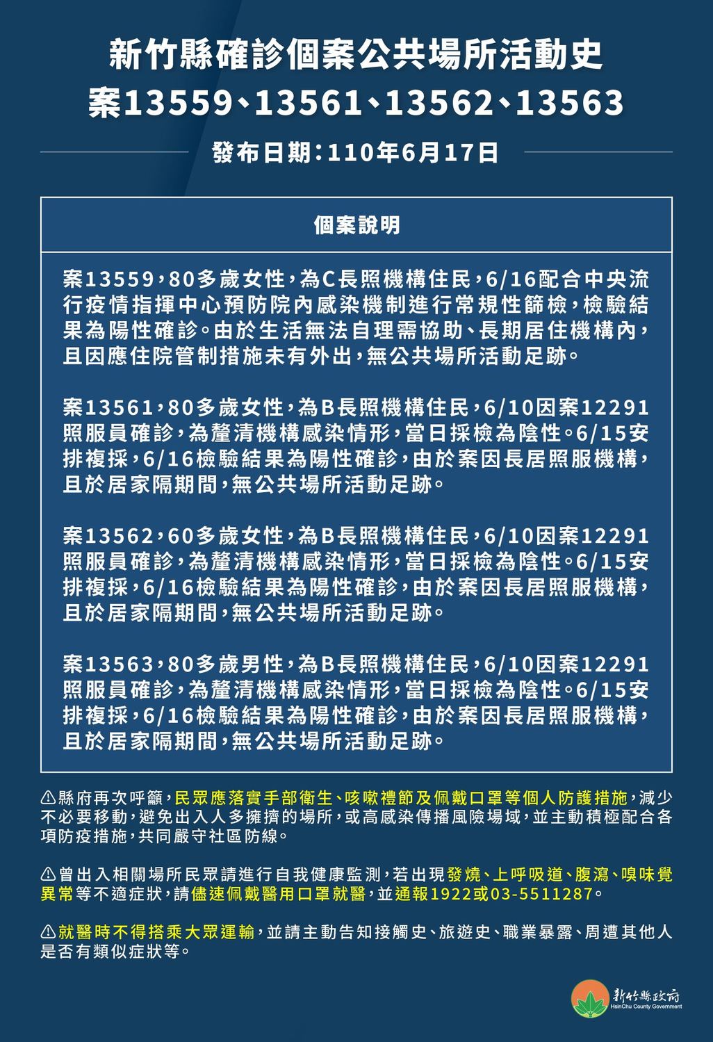 新竹縣確診個案活動史。 圖：翻攝新竹縣政府官網