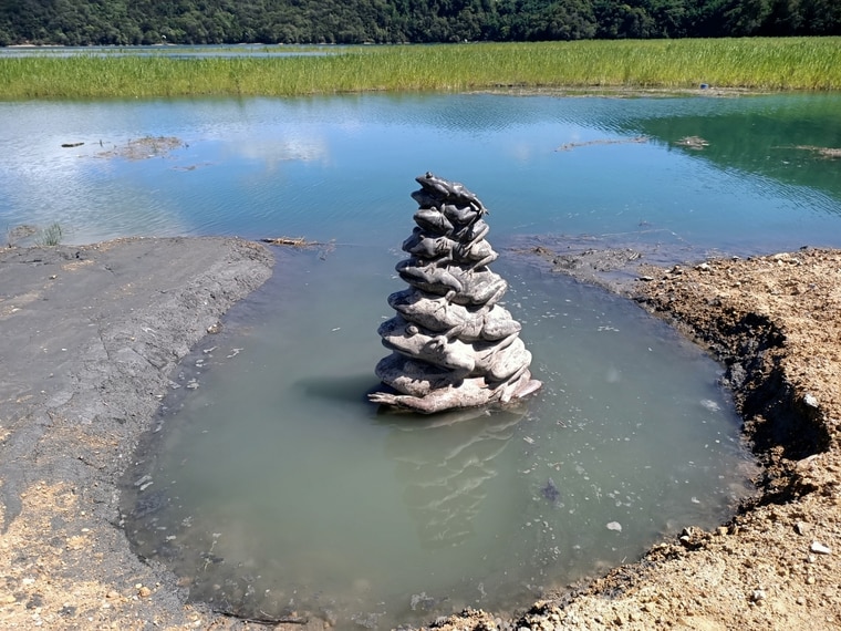 日月潭水庫蓄水持續回升，九蛙疊像終於喝到水了。 圖：日月潭國家風景區管理處／提供