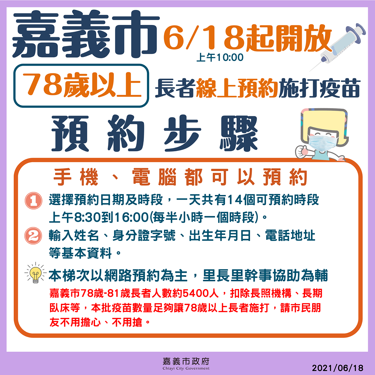 嘉義市第二波AZ疫苗施打，78歲以上長者18日起網路預約，市府說明預約步驟。 圖：嘉義市政府/提供