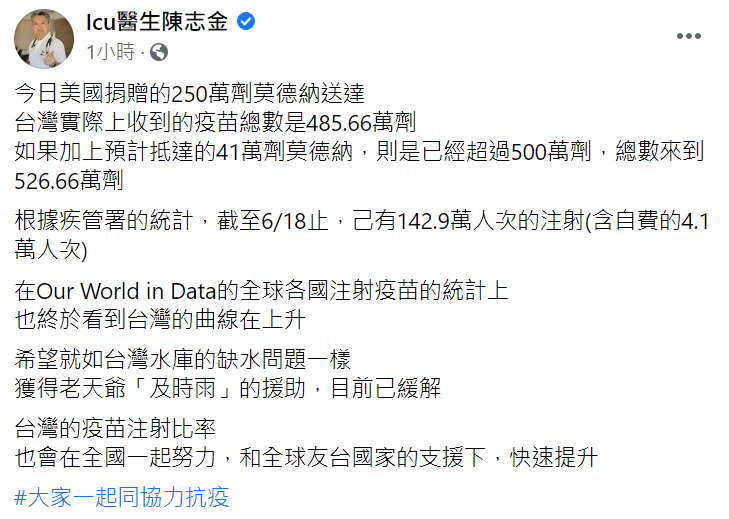 陳志金醫師發文。 圖：翻攝自陳志金醫師臉書