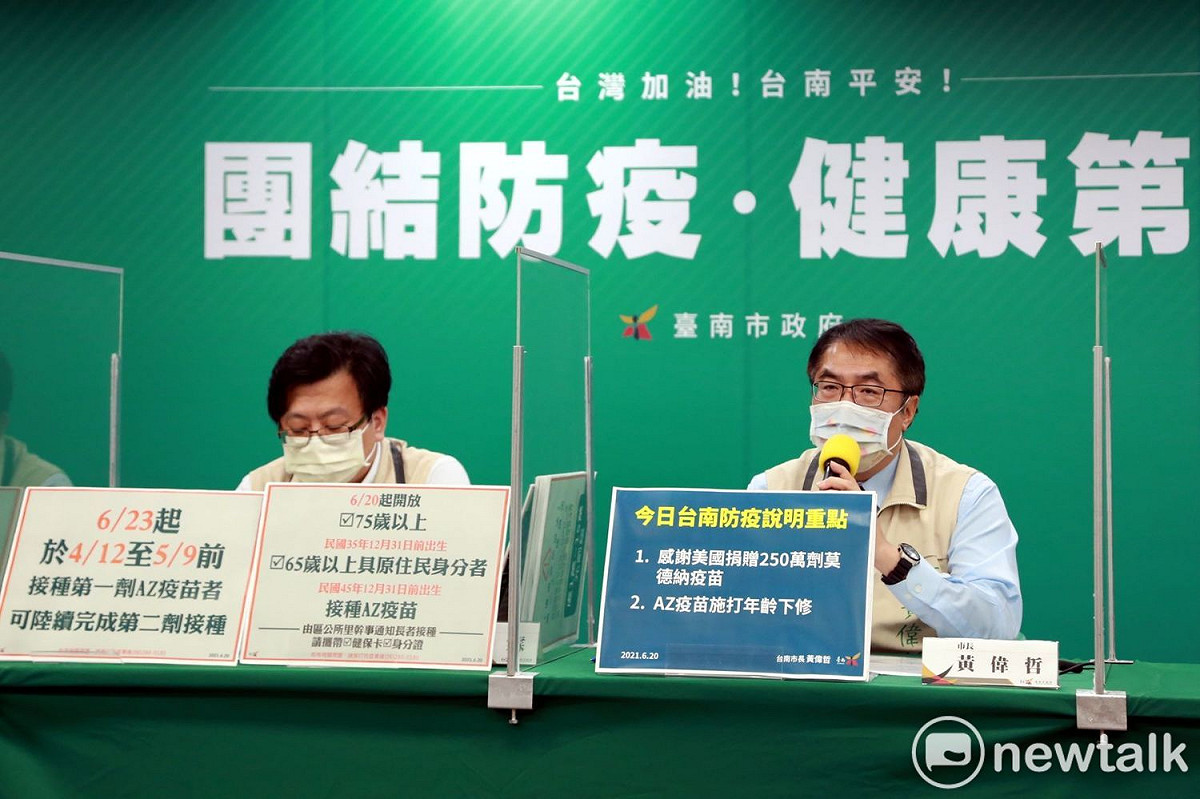 全國今日新增107例本土確診個案，台南持續零確診，台南市長黃偉哲在防疫記者會提醒市民仍須努力落實防疫措施，並宣布自即日起為75歲以上長者及65歲以上具原住民身分者展開AZ疫苗接種作業。 圖：台南市政府提供