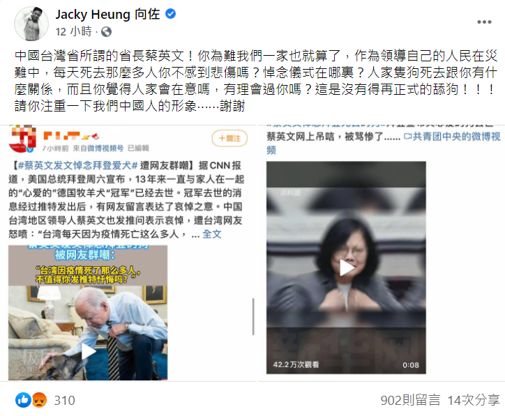 對於總統蔡英文發推悼念拜登愛犬冠軍，香港娛樂大亨向華強之子向佐嗆「請你注重下我們中國人的形象。」 圖：截自向左臉書