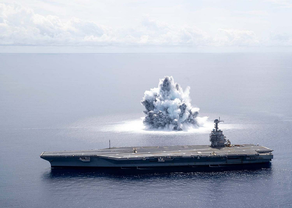 美軍第三代核子動力航空母艦「福特級」航空母艦「福特號(CVN-78)」在6月18日進行正式部署作戰前的終極考驗：全艦衝擊測試(full-ship shock trials)。 圖：翻攝USS Gerald R. Ford - CVN 78 臉書