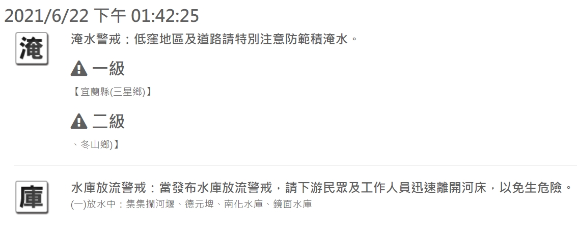 由於鋒面、西南風影響，水利署對宜蘭三星鄉發布一級淹水警戒。另外，中南部還有4水庫放水中。 圖：擷取自水利署網站