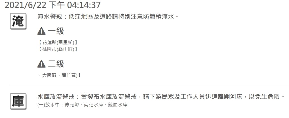 水利署將桃園、花蓮4個行政區列為淹水警戒。 圖：擷取自水利署網站