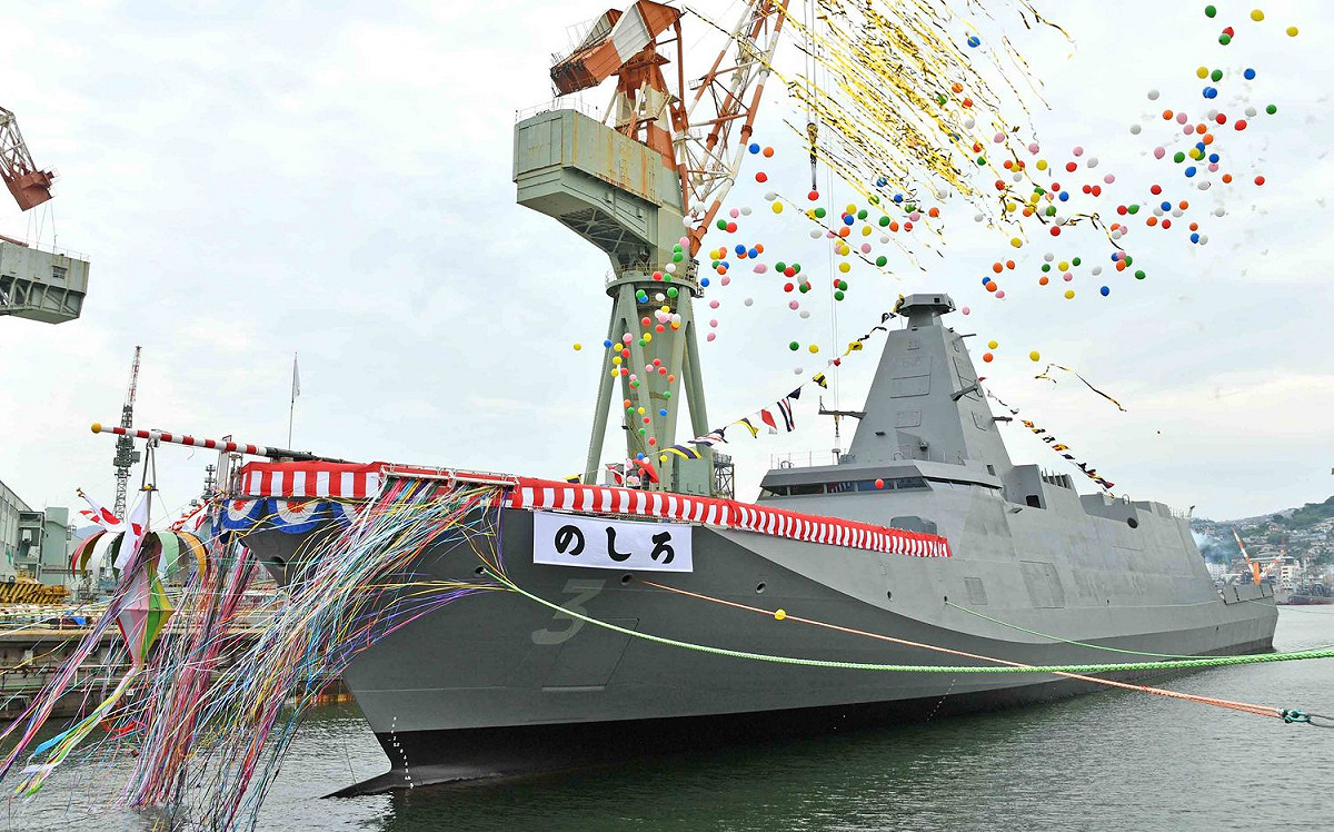 日本海上自衛隊「最上級」護衛艦的3號艦「能代號(のしろ，FFM-3)」。圖為2021年下水典禮。 圖：翻攝防衛省 海上自衛隊推特