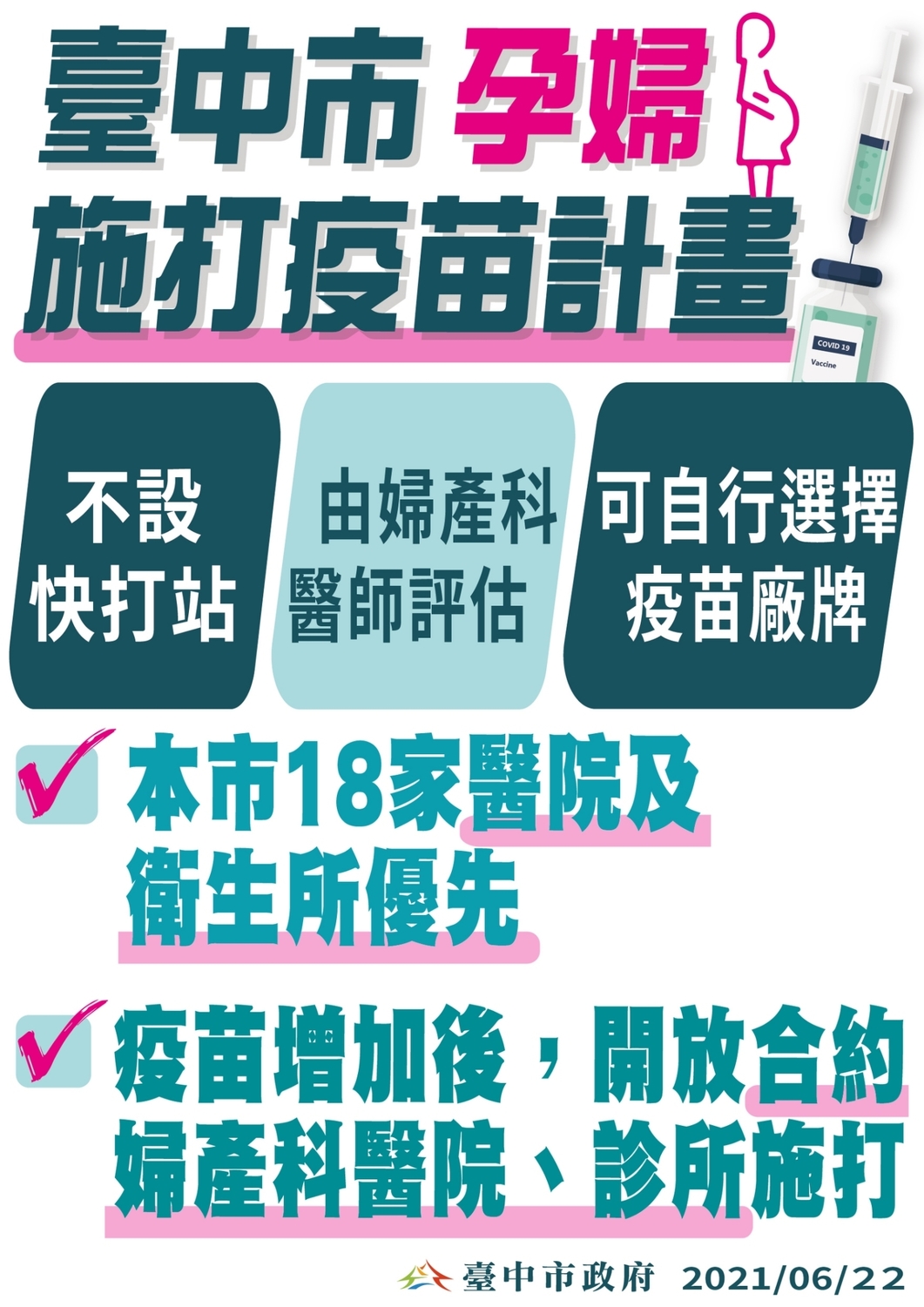 台中市孕婦打疫苗可不用至快打站。 台中市政府/提供