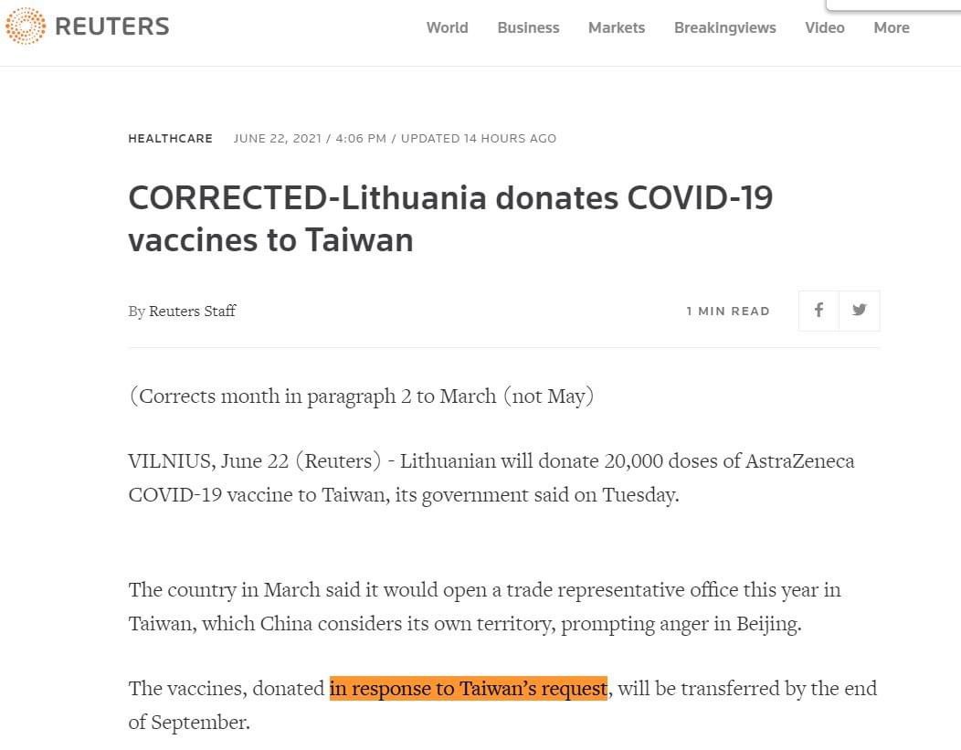 路透社報導，立陶宛捐贈台灣2萬劑AZ疫苗是 in response to Taiwan's request (應台灣的請求)。 圖 : 截圖自路透社網頁