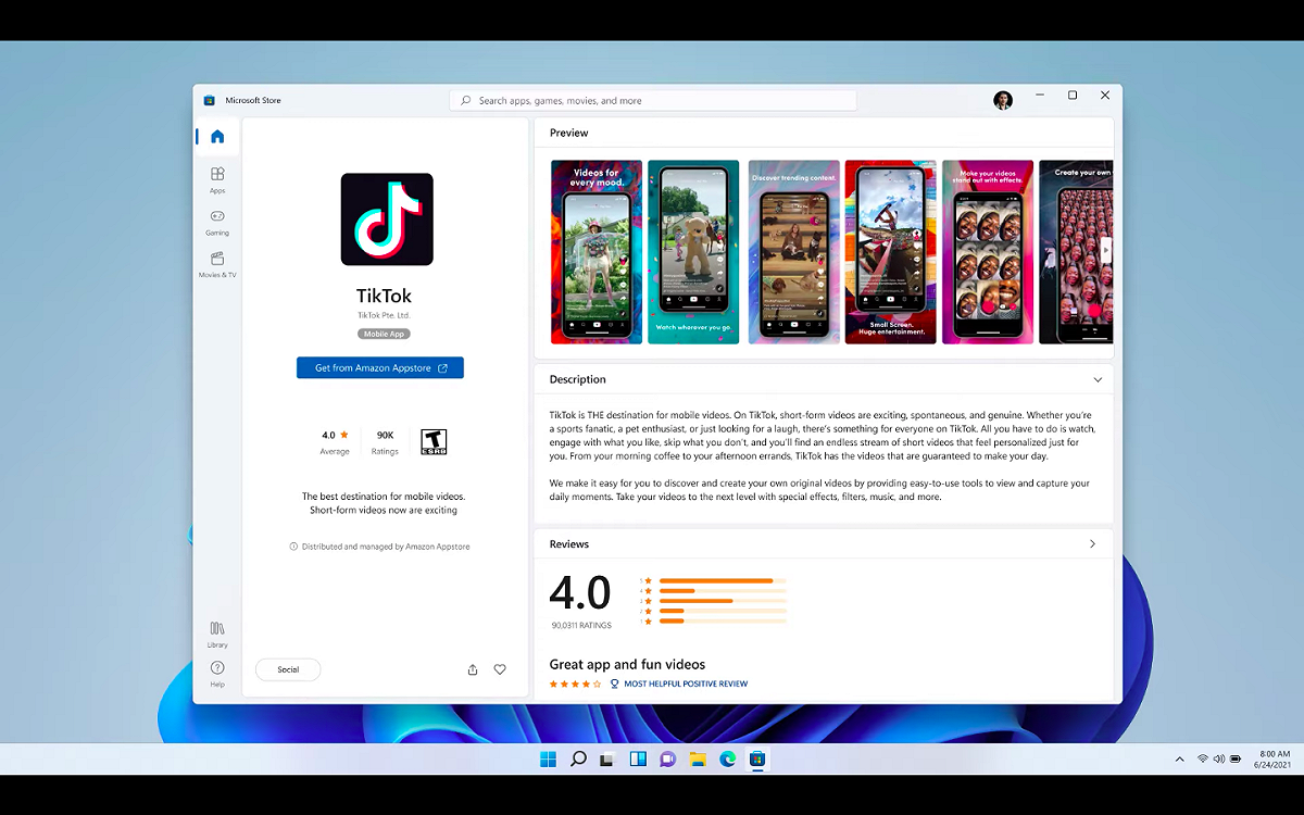 Windows的App商店將開放用戶下載Android應用程式，包括TikTok等。 圖：擷取自 Windows Youtube