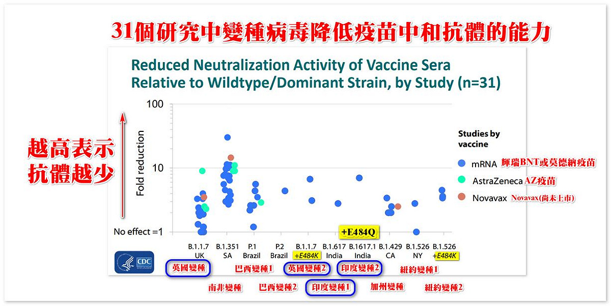 不同的疫苗對應不同的變種病毒防護力點狀圖。 圖 : 翻攝自潘建志臉書